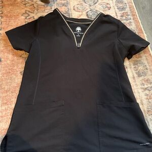 2 Healing Hands Black Zip-Neck Scrub Top
